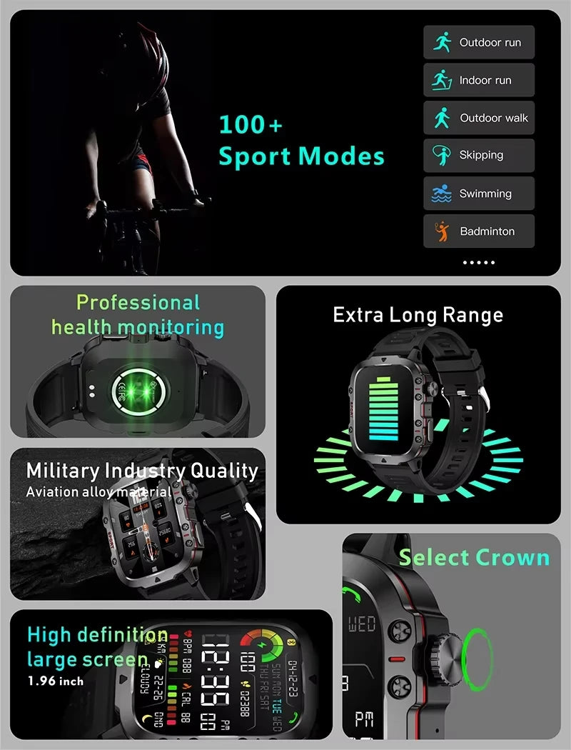 LAXASFIT 2025 Rugged Outdoor Smart Watch – 2.01″ HD Bluetooth Call & Fitness Tracker